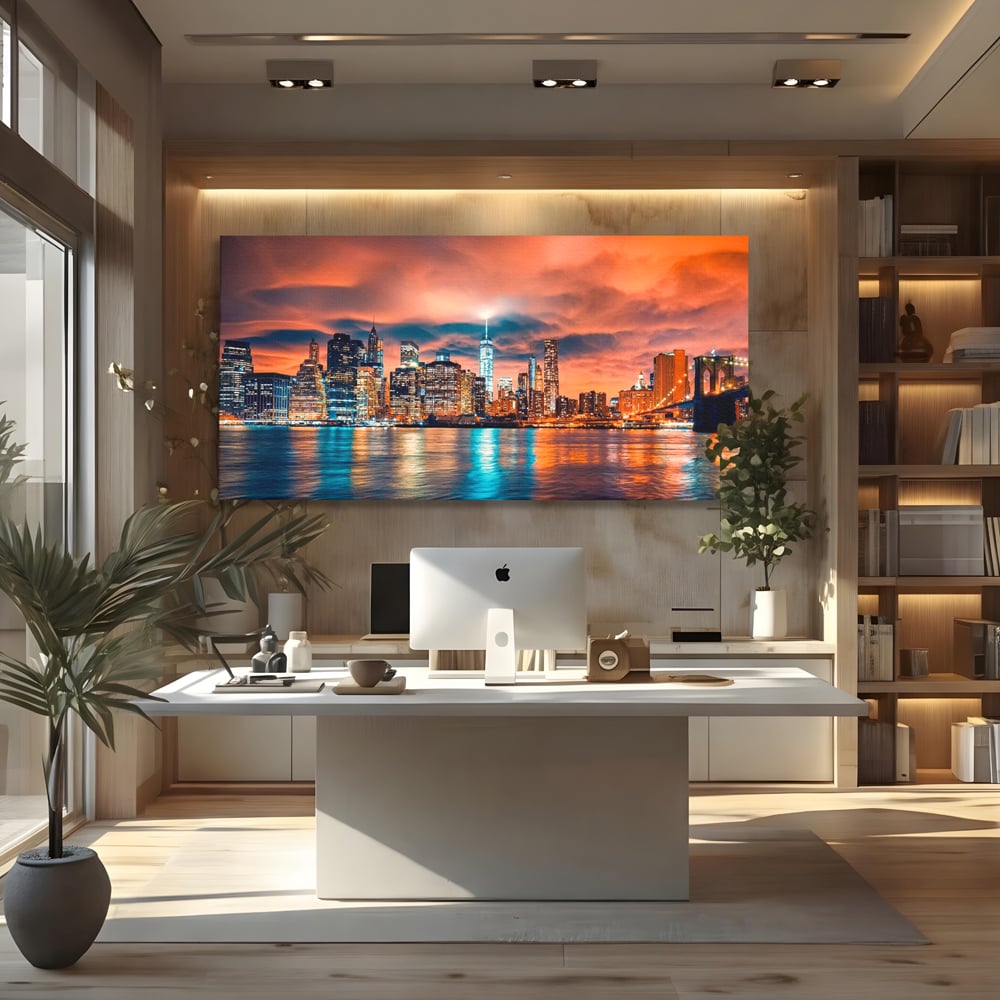 Tablou canvas cu tablou canvas cu peisaj urban nocturn, fara rama, pe sasiu de lemn, pe perete intr-un birou